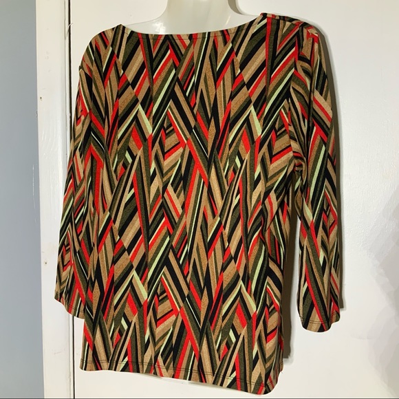 Rafaella Geometric Stripes Earthy Colors Lace Chain Neckline L/P TOP - Picture 13 of 13